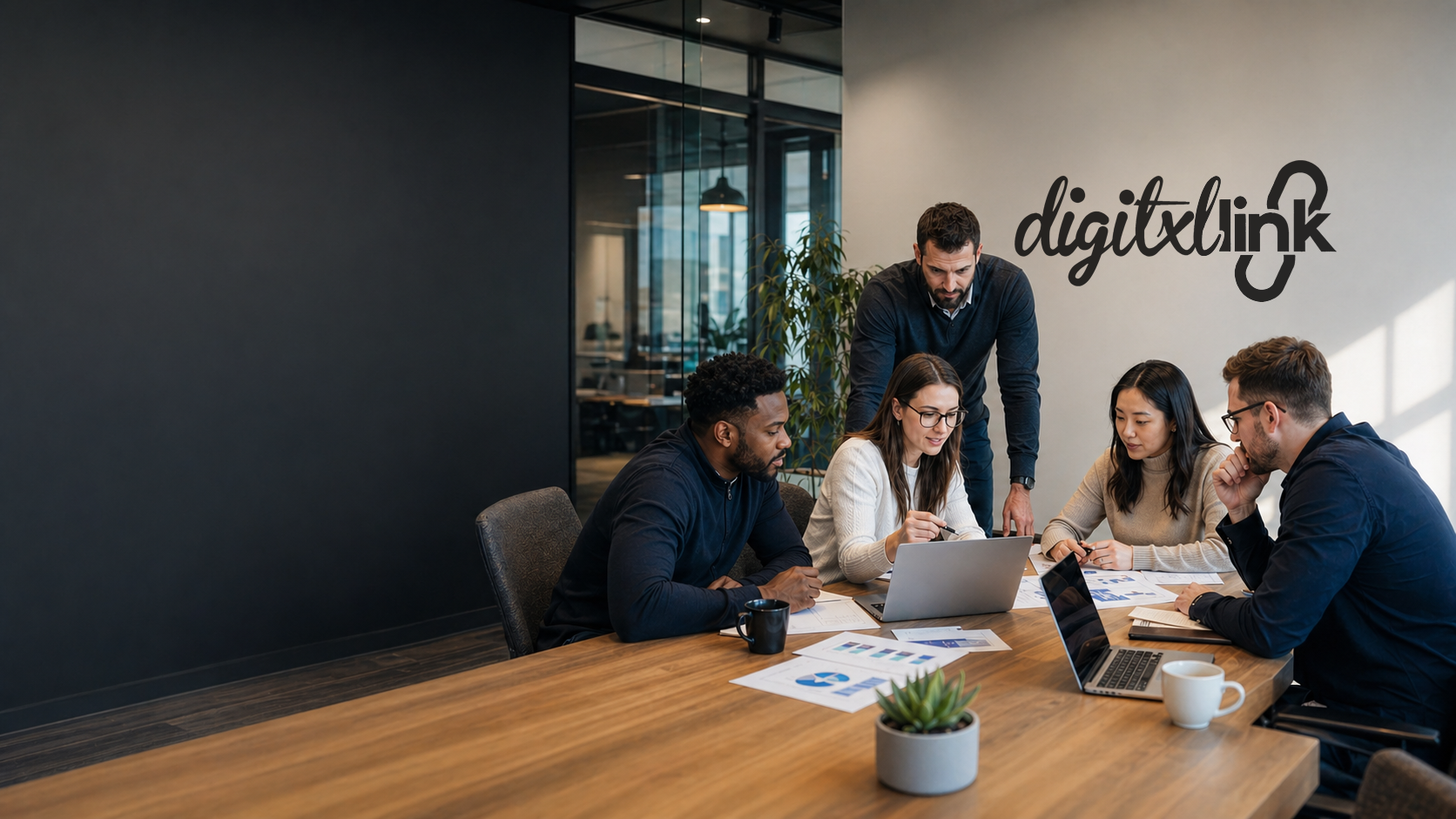 DigitxlLink team collaborating in a professional office with the company logo on the wall
