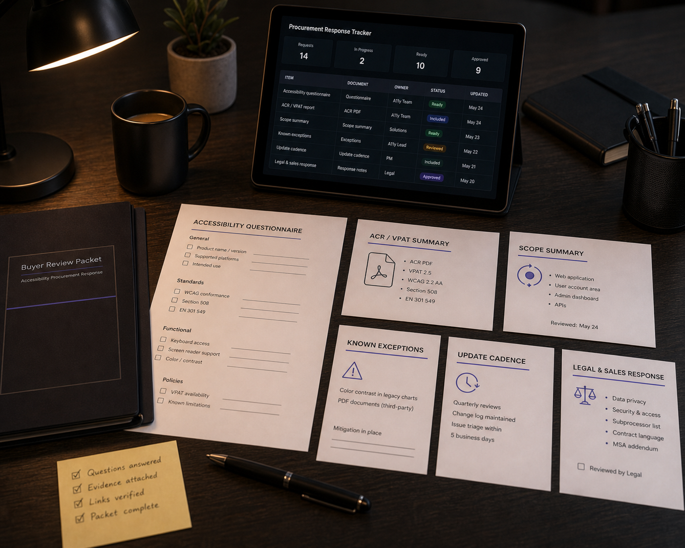 Buyer review packet handoff workspace with accessibility questionnaire, ACR summary, scope summary, known exceptions, update cadence, and legal response cards