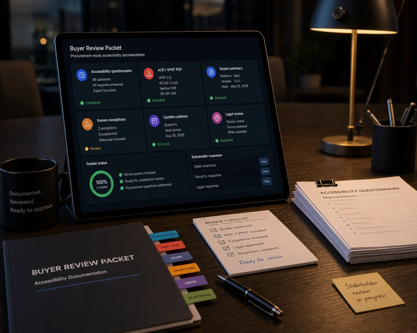 Buyer review packet workspace with accessibility questionnaire, ACR PDF, scope summary, known exceptions, update cadence, legal review, and stakeholder response notes