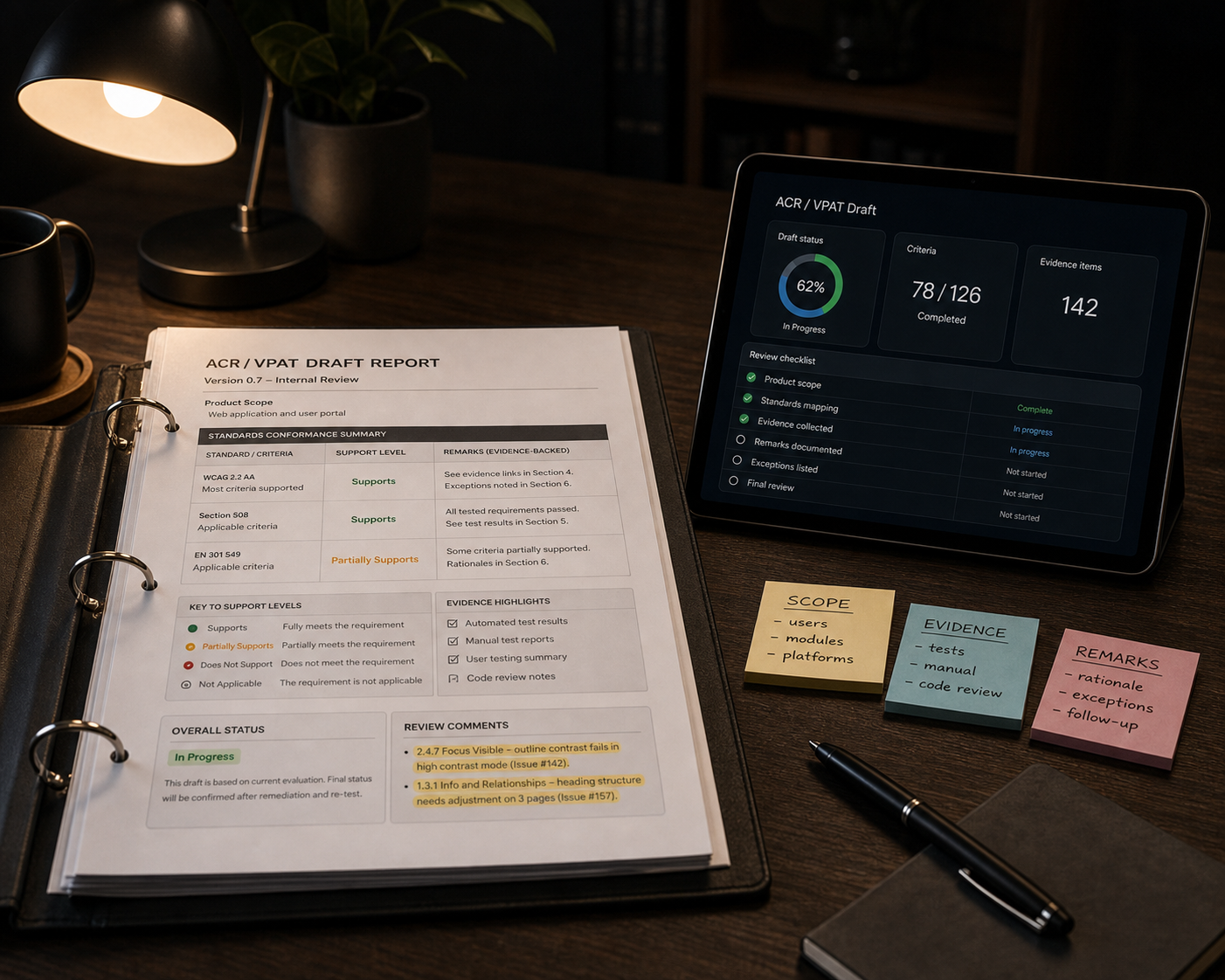 ACR and VPAT report draft packet with standards conformance summary, evidence highlights, support-level key, and review notes