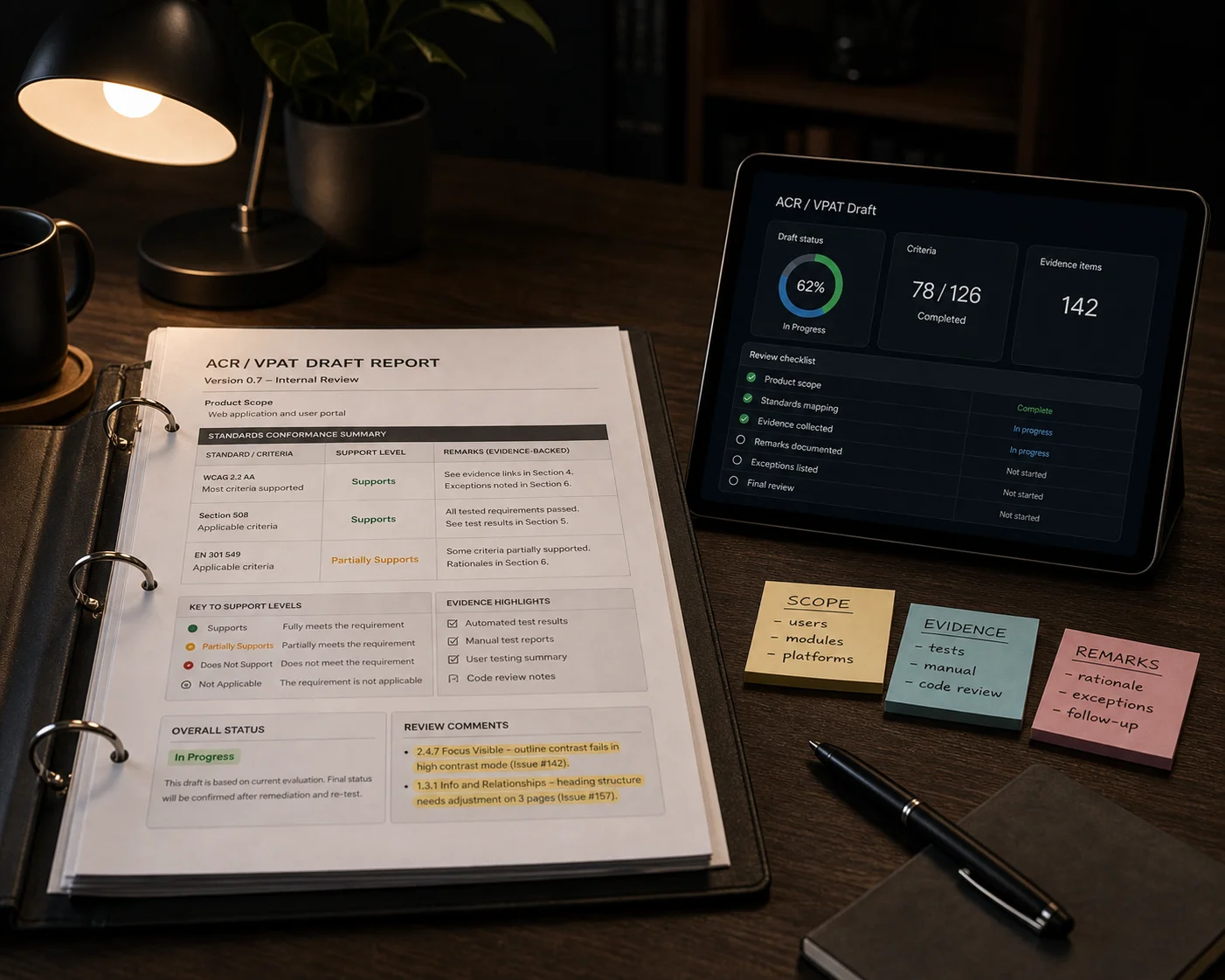 ACR and VPAT report draft packet with standards conformance summary, evidence highlights, support-level key, and review notes