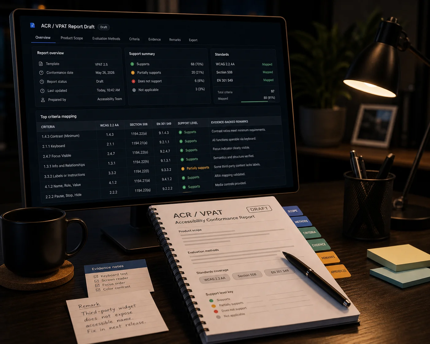 ACR and VPAT report draft workspace with product scope, evaluation methods, standards coverage, support levels, evidence notes, and draft status
