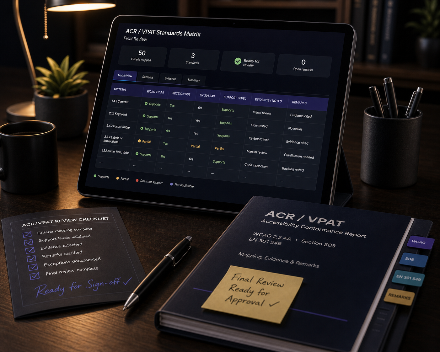 ACR and VPAT final review workspace with standards matrix, evidence notes, support-level checklist, and approval-ready report binder