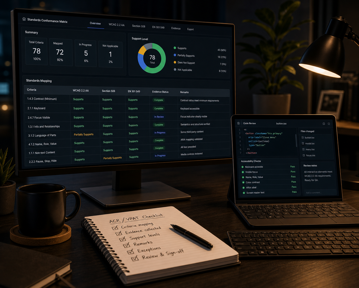 ACR and VPAT standards matrix workspace with WCAG, Section 508, EN 301 549 mapping, evidence status, remarks, and checklist notes