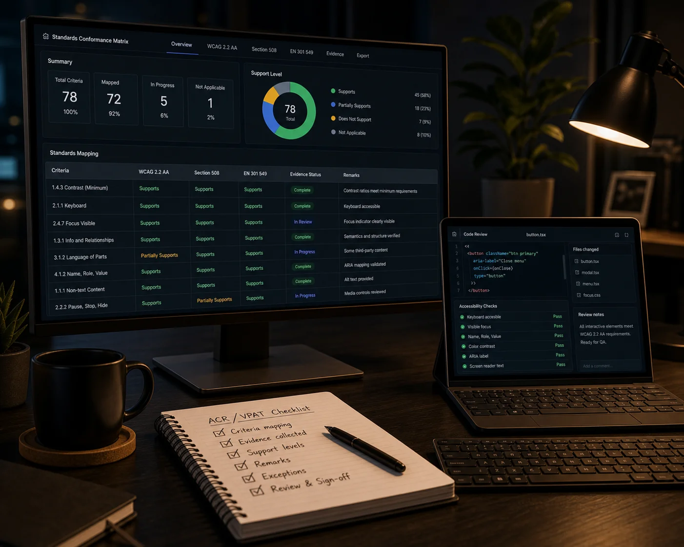 ACR and VPAT standards matrix workspace with WCAG, Section 508, EN 301 549 mapping, evidence status, remarks, and checklist notes