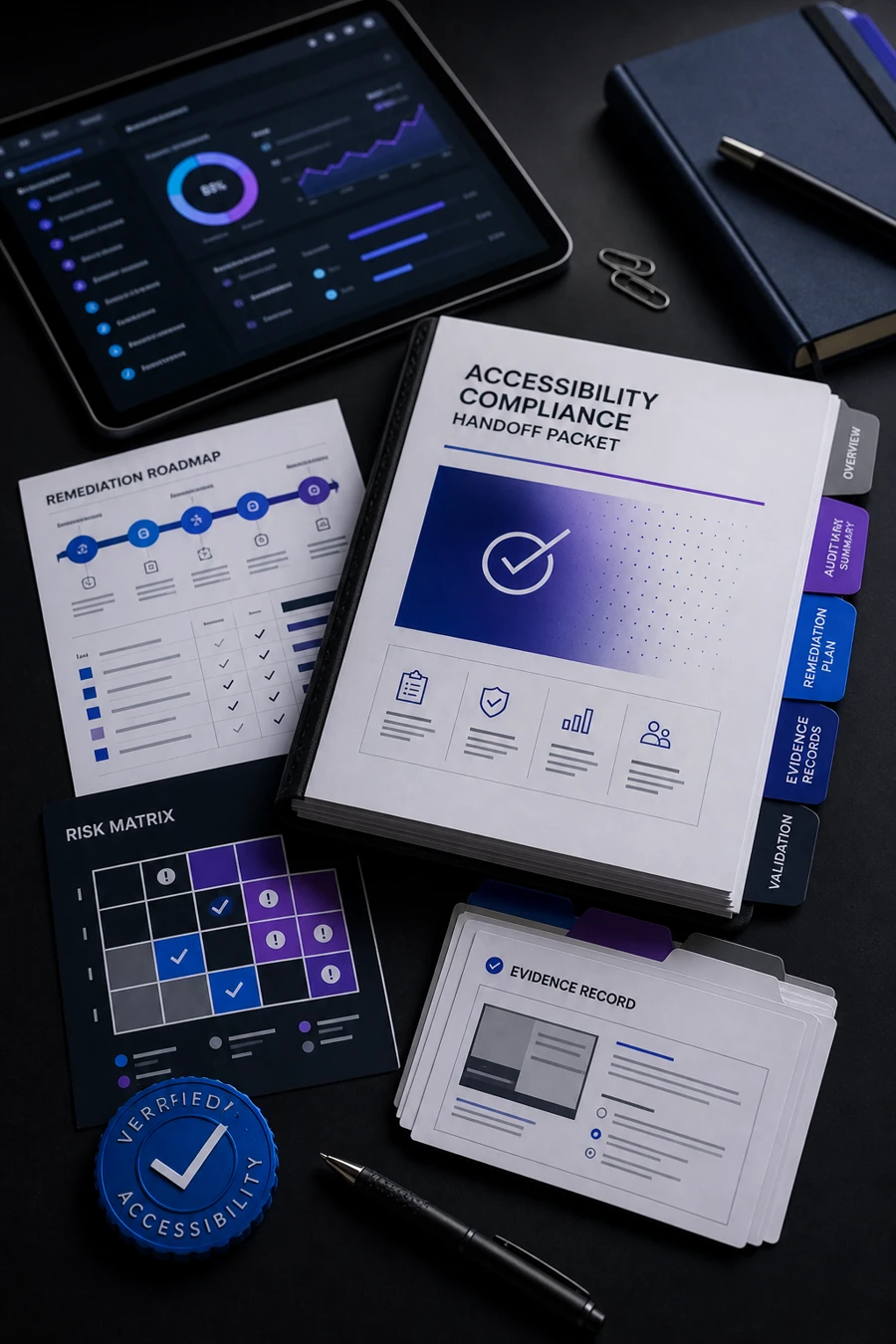 Accessibility compliance handoff packet with remediation roadmap, risk matrix, evidence records, and dashboard tablet