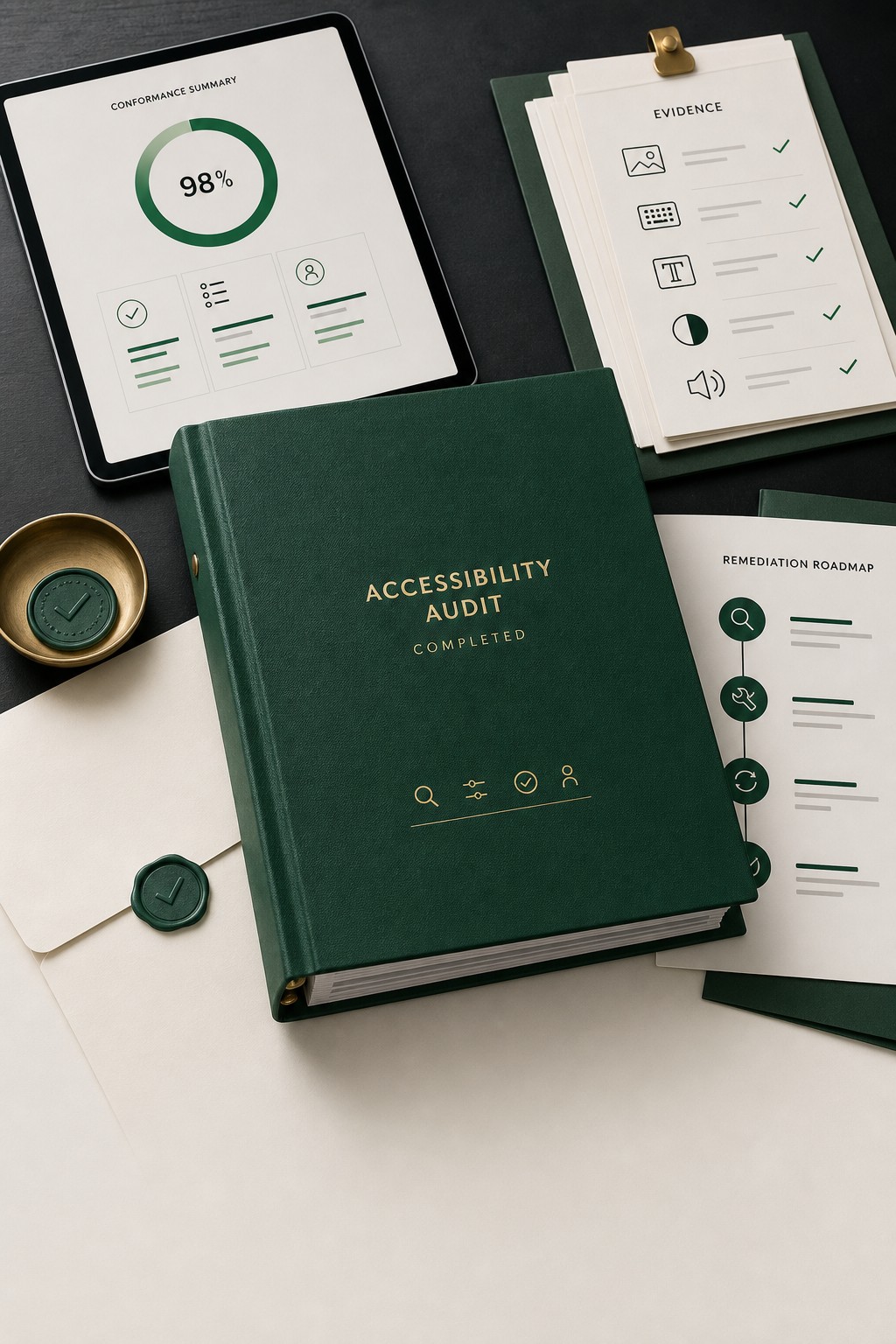 Completed accessibility audit handoff with a green report binder, conformance summary, remediation roadmap, and verified evidence checklist
