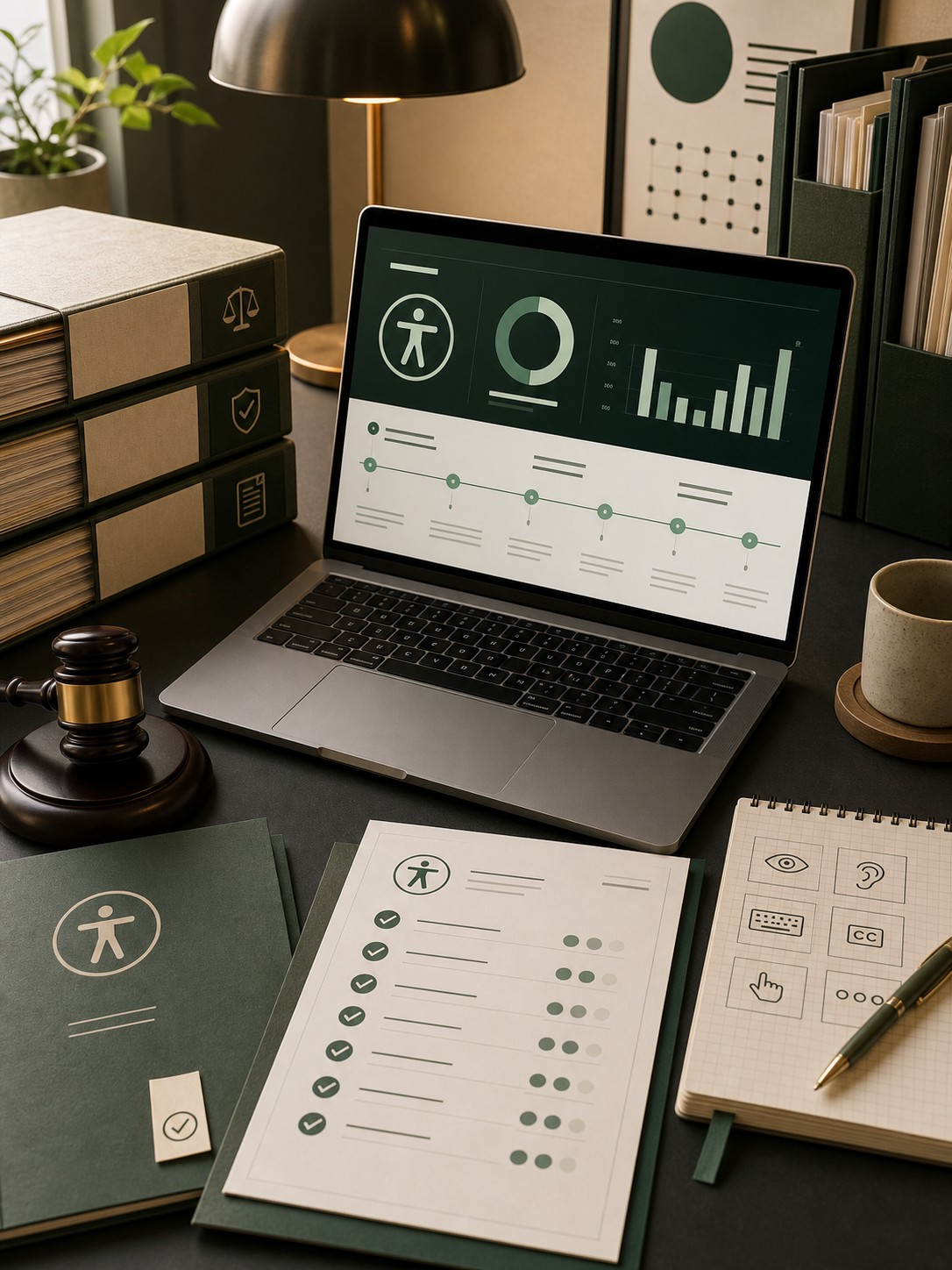 Accessibility risk review workspace with a green conformance dashboard, audit checklist, evidence folders, and legal review materials