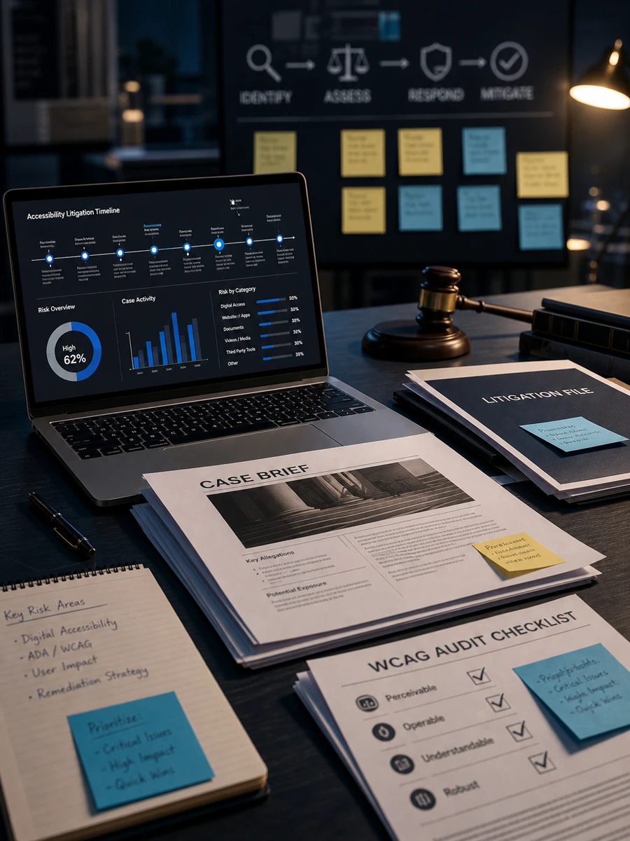 Accessibility litigation case review desk with laptop timeline, case brief, WCAG checklist, and legal-risk notes