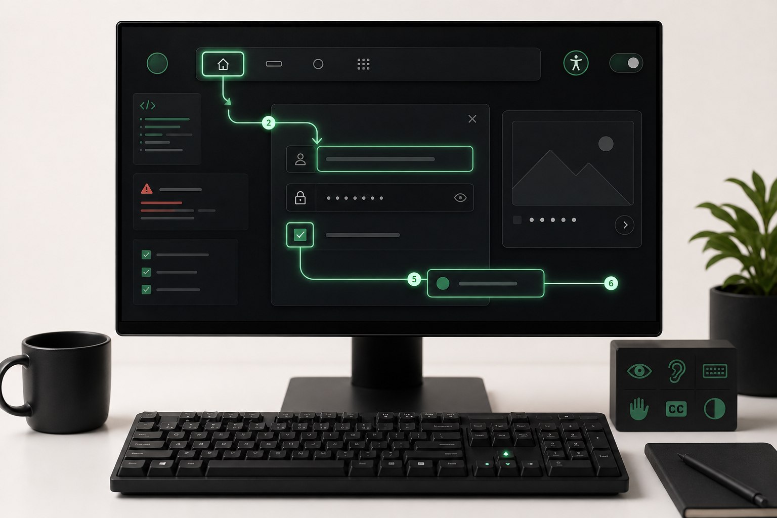 Keyboard tab path moving through interface controls with clear green focus rings