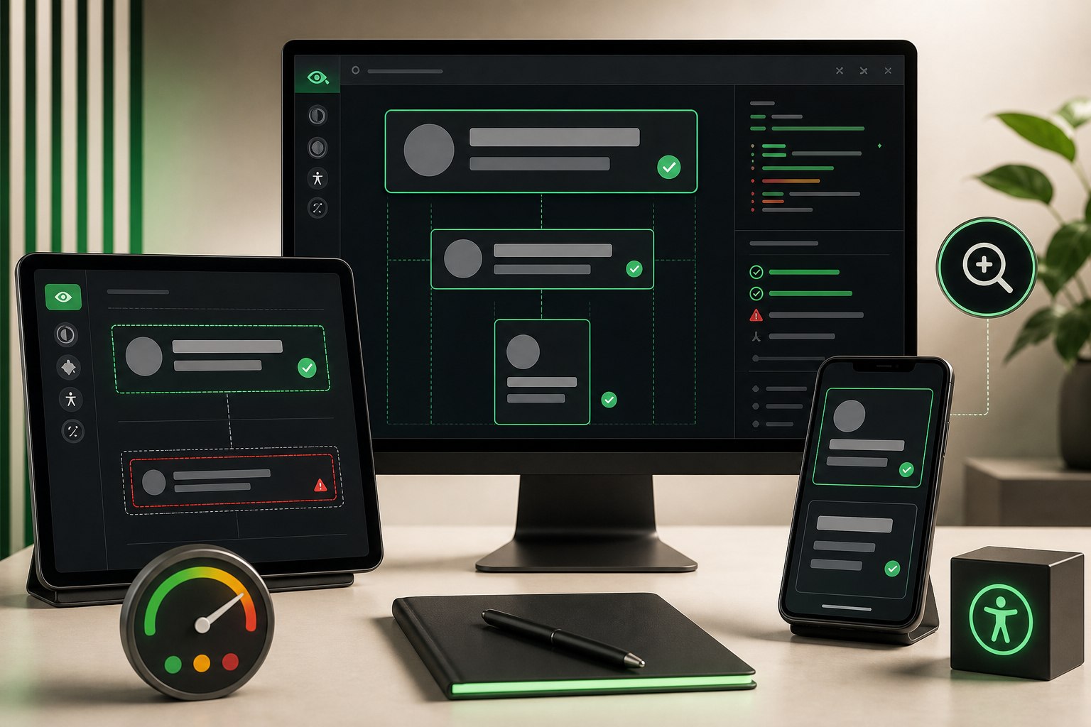 Accessible responsive interface shown across desktop, tablet, and phone with contrast and zoom checks