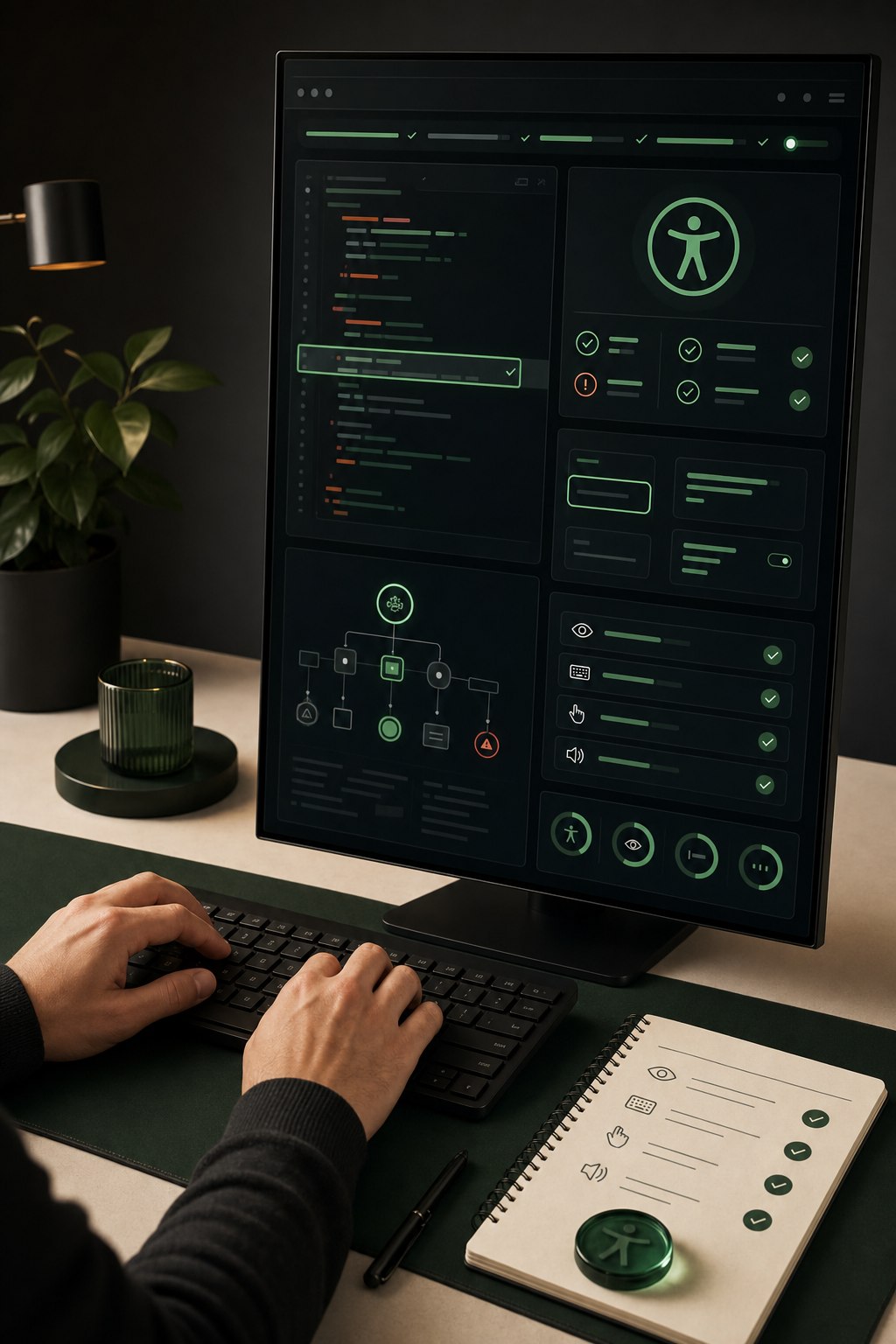 Accessibility engineer validating repaired source code and interface behavior at a green-themed workstation