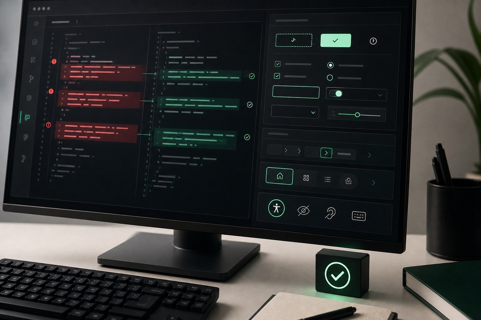 Source-code patch workspace showing accessibility issues transformed into approved fixes