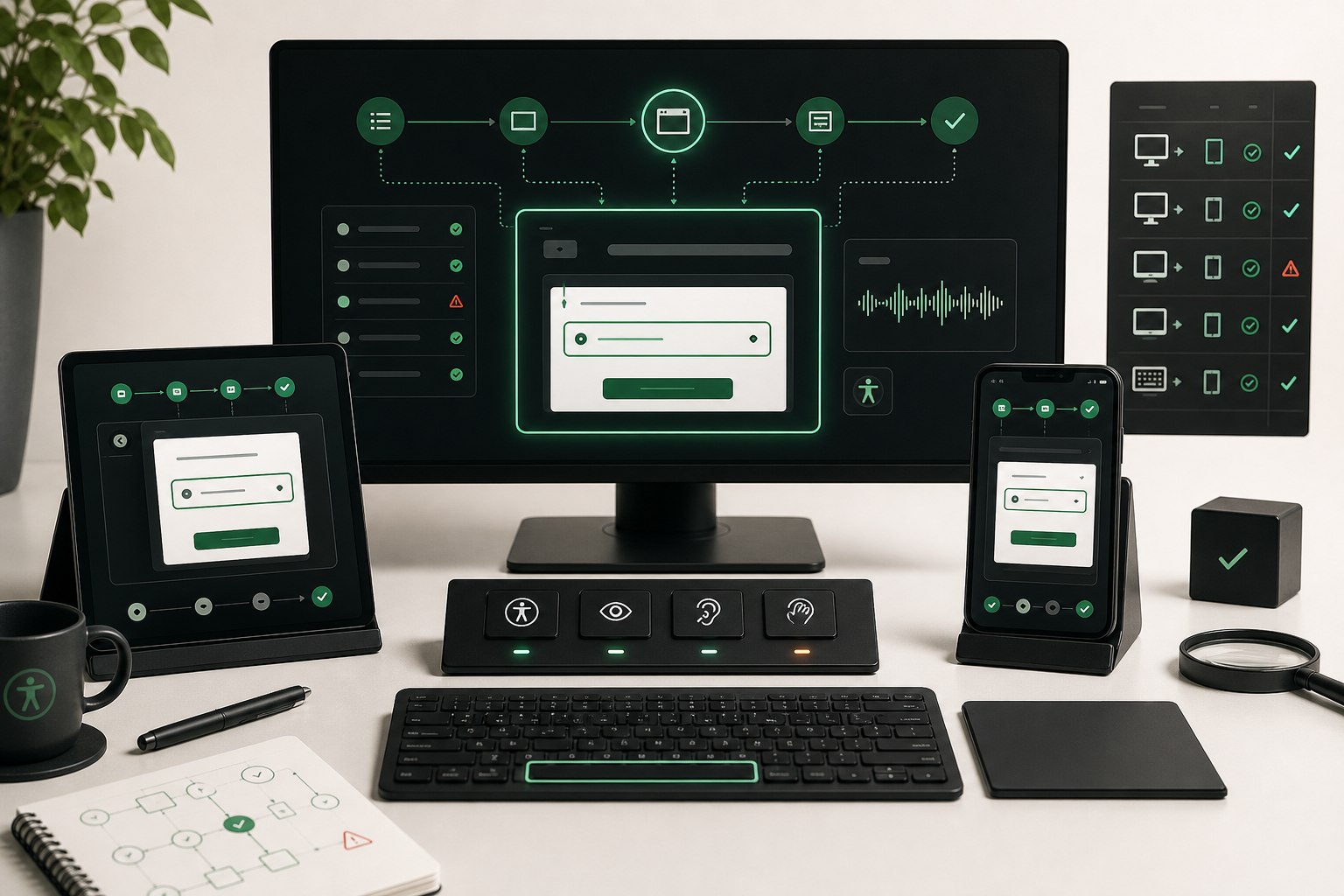 Accessibility QA test bench validating repaired flows across desktop, tablet, and phone