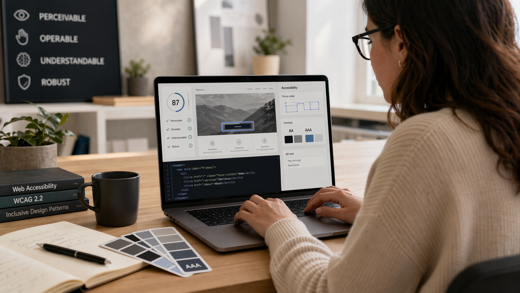 Accessibility specialist reviewing a WCAG 2.2 audit and remediation dashboard