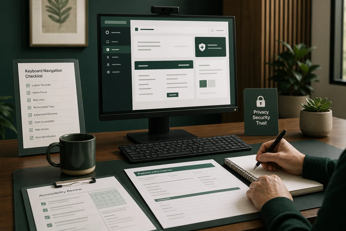 Healthcare accessibility review workspace with a patient portal, keyboard checklist, and patient forms