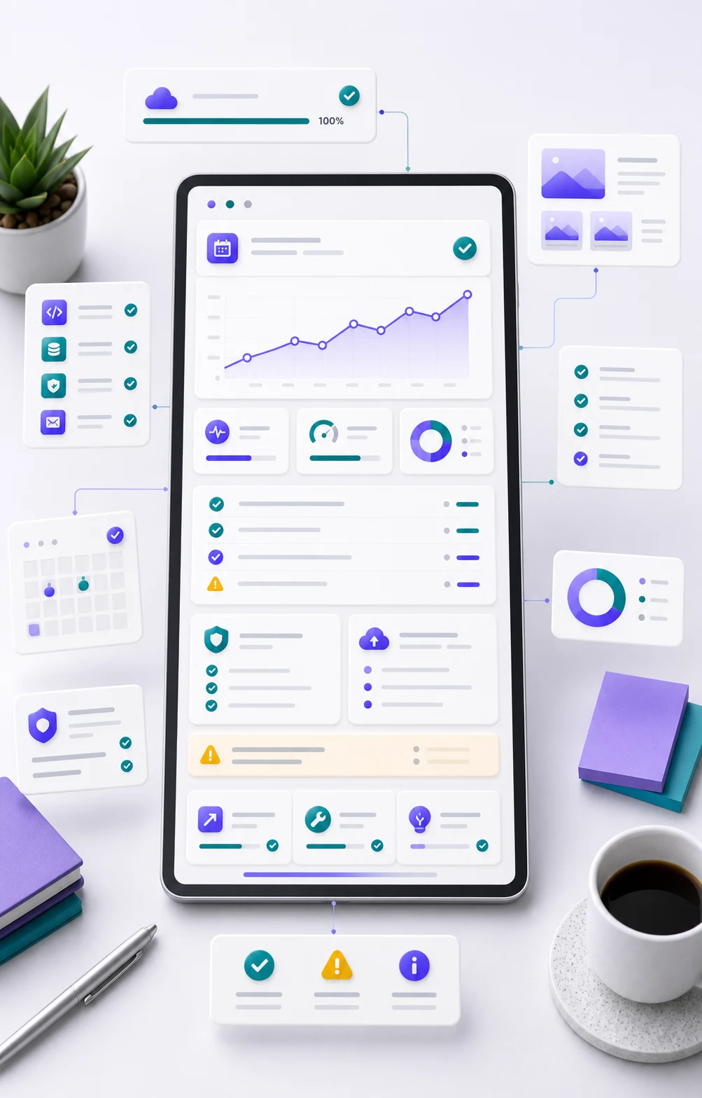 Monthly site health notes workspace with performance chart, checklist cards, form checks, and risk status notes
