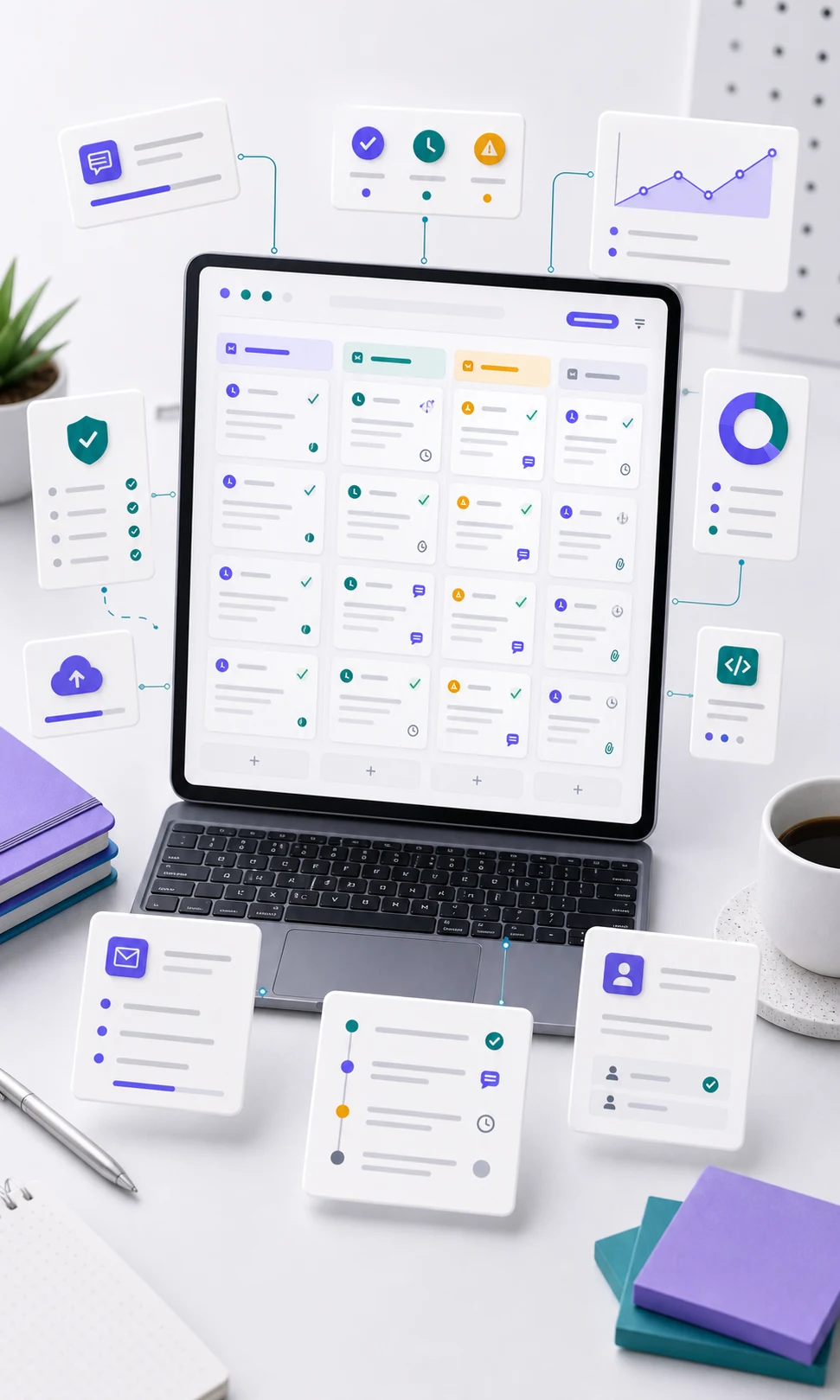 Support request log workspace with organized request rows, status chips, QA checks, and scoped follow-up items