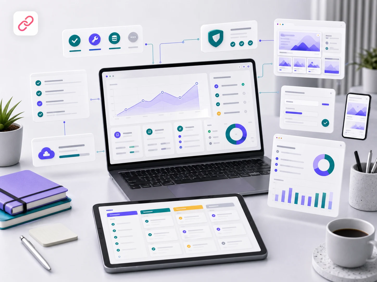 Website maintenance workspace with uptime checks, update queues, form testing, backups, performance status, and support notes