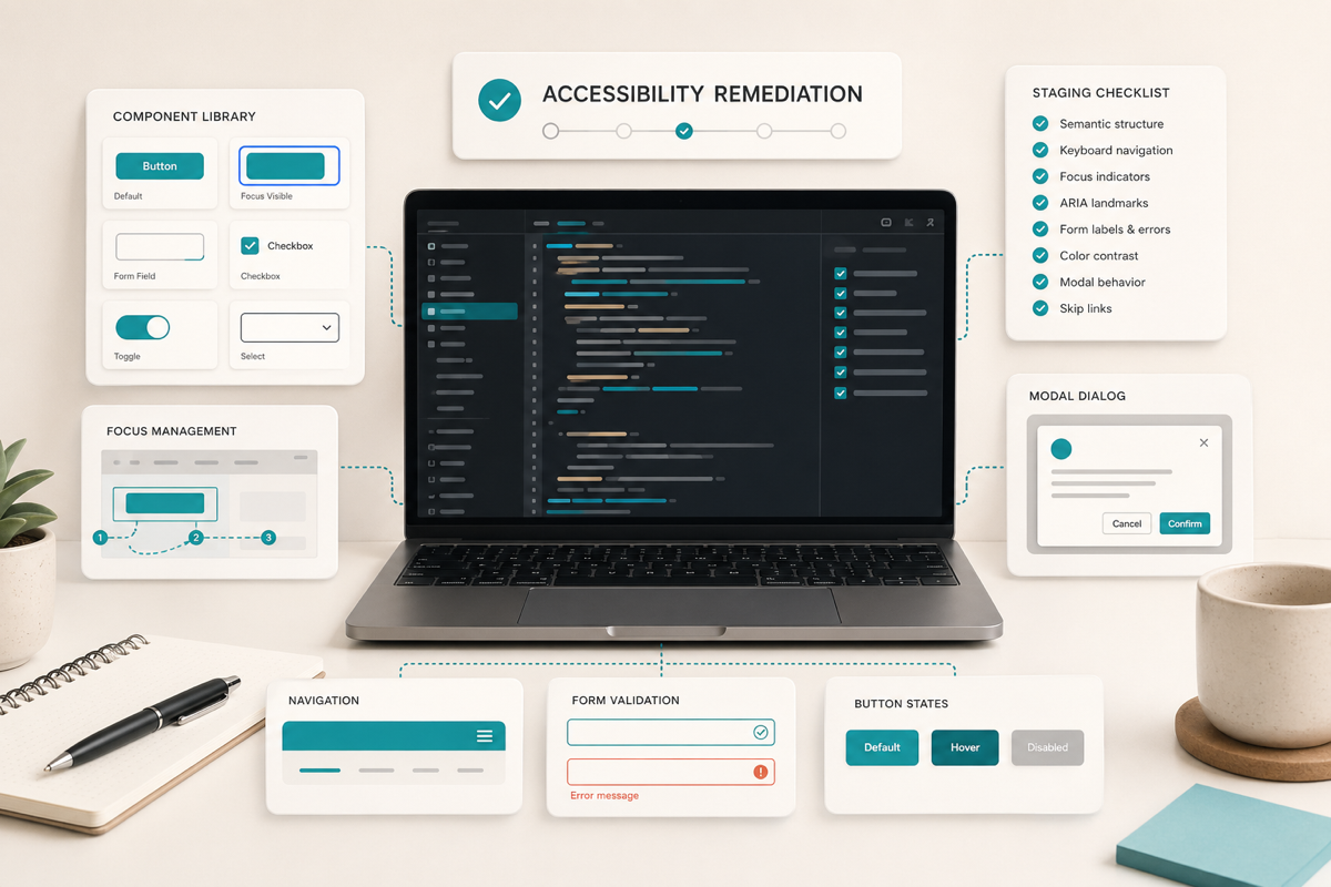Code remediation workstation with accessibility component fixes staging checklist focus management and form validation cards