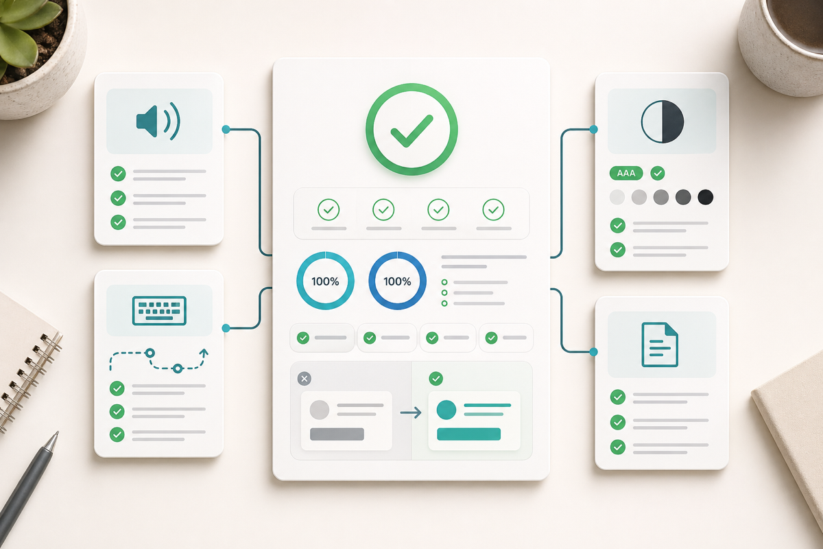 Validation dashboard showing passed accessibility retests issue closure contrast checks and before after remediation confirmation