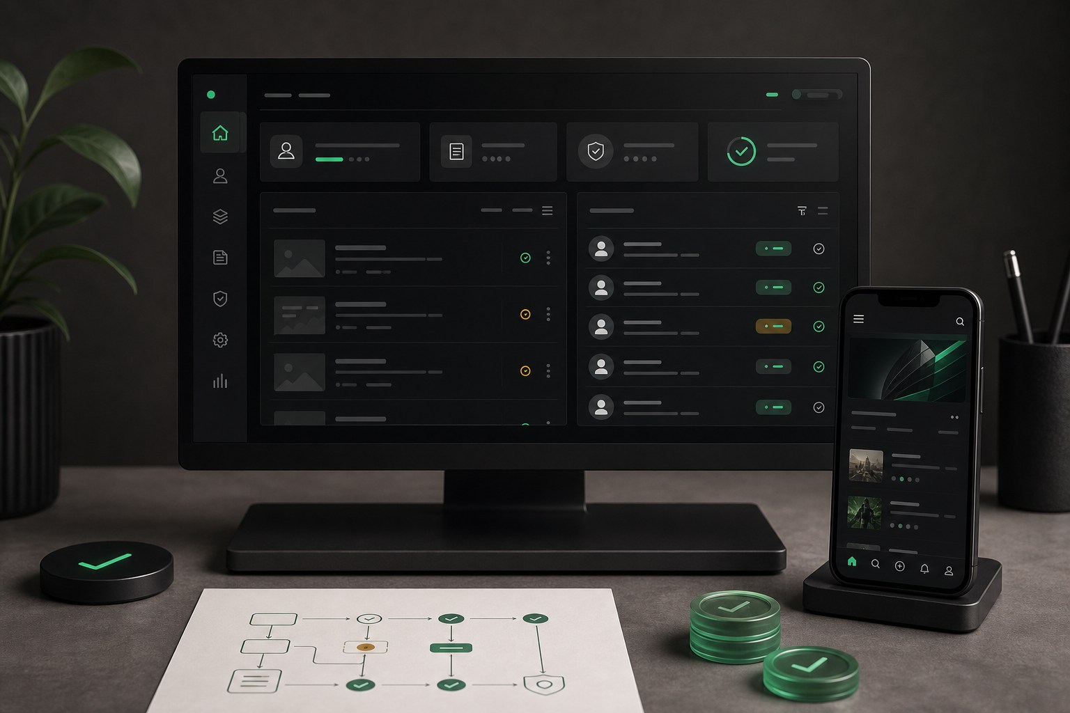Mobile app admin dashboard, content workflow, and approval states