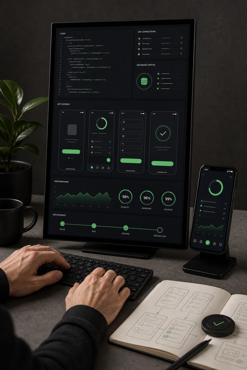 Mobile app developer working with connected screens, code, product notes, and launch checks