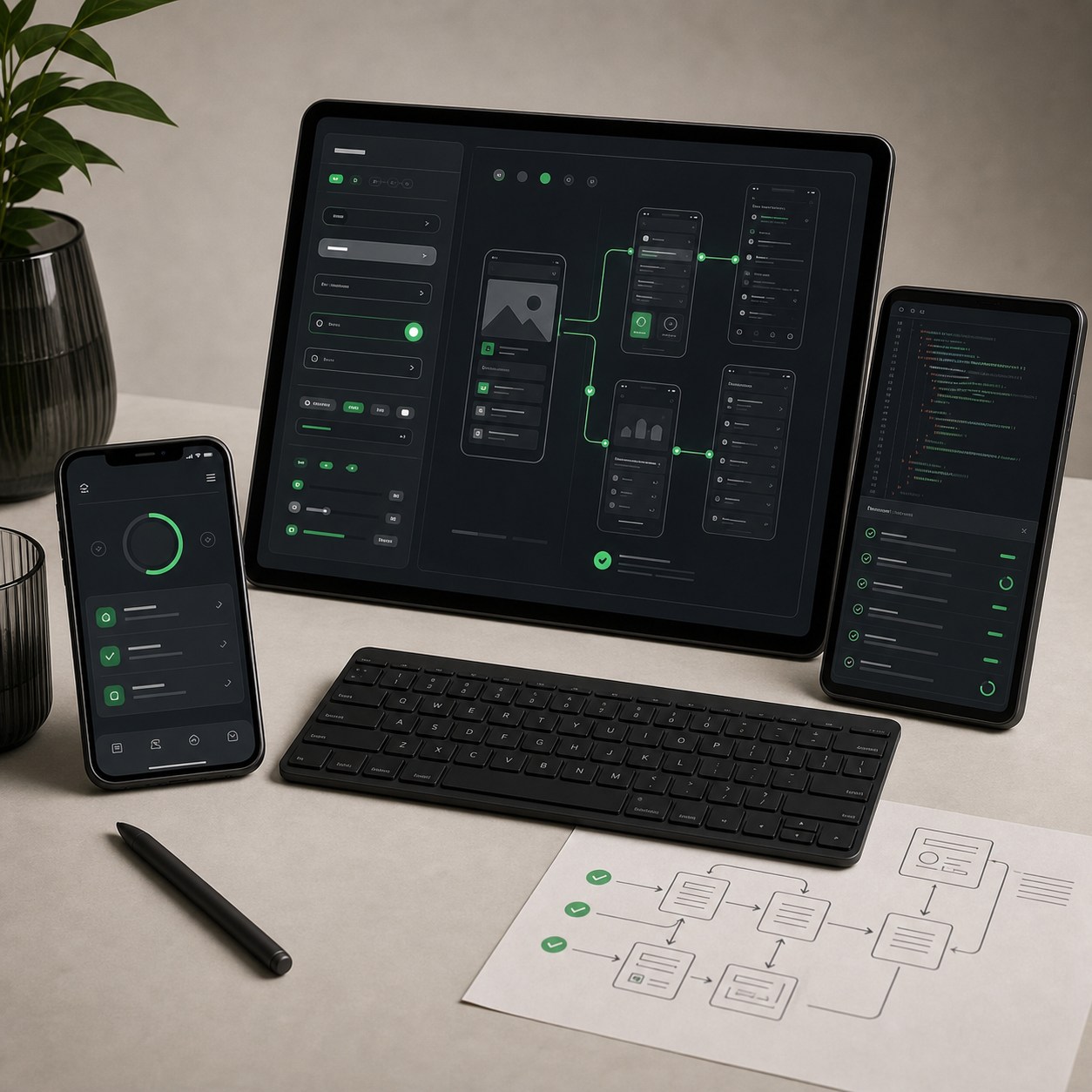 Mobile app product workspace with connected phone flows, code, and launch-readiness indicators
