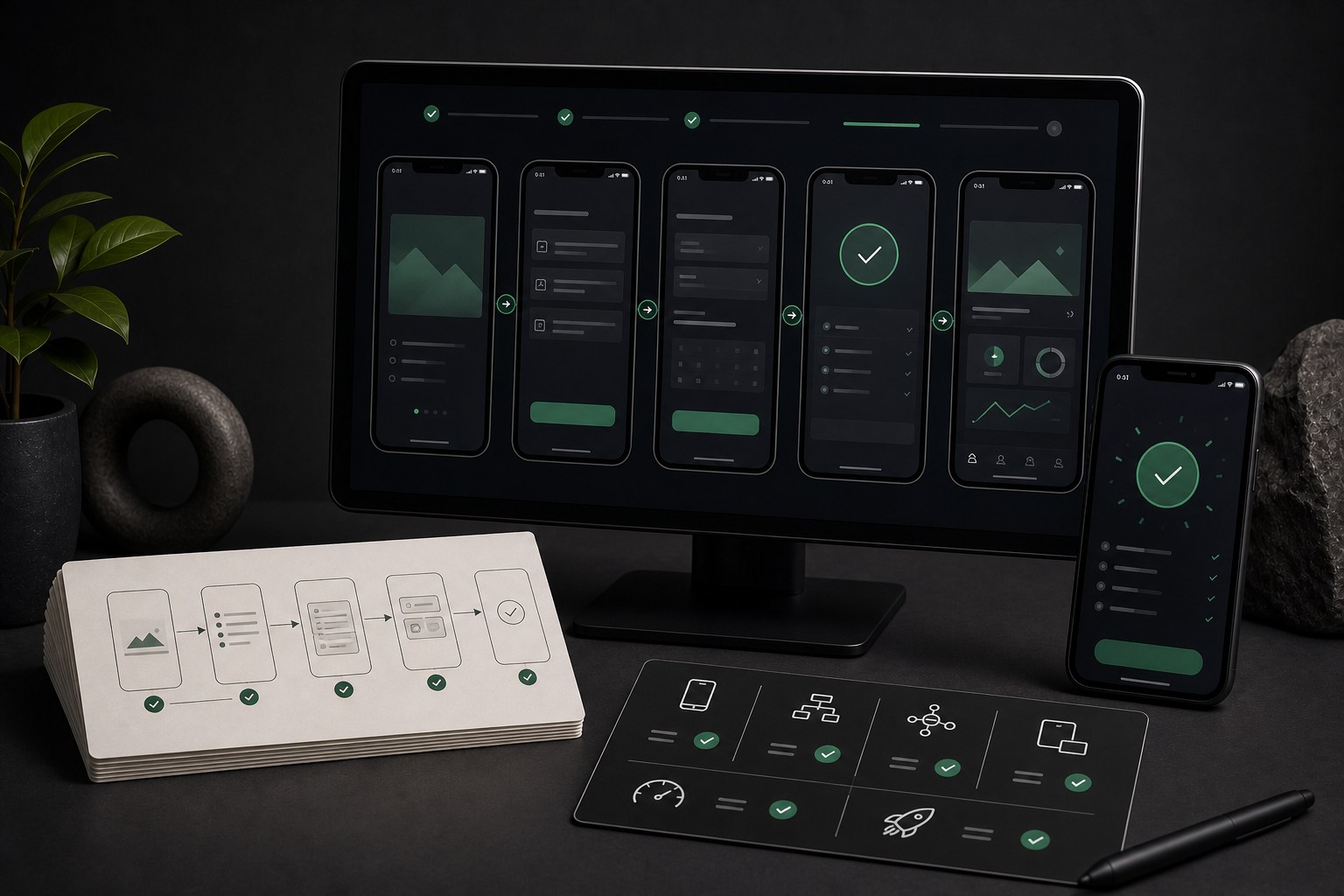 Connected mobile app screens, product flow packet, and launch-readiness checks