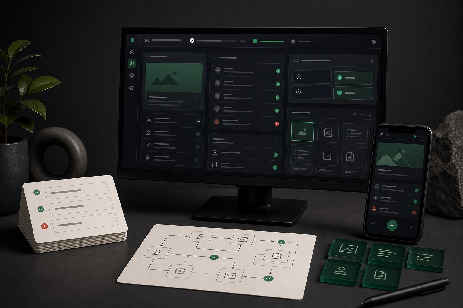 Mobile app admin workspace, reusable components, and system documentation