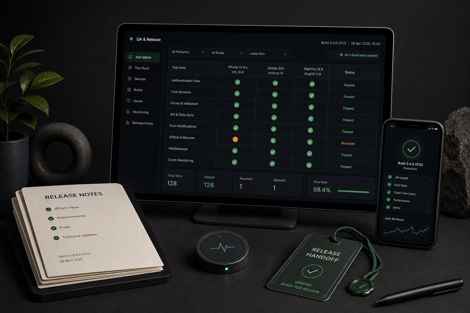 Mobile device QA matrix, release packet, and monitoring handoff