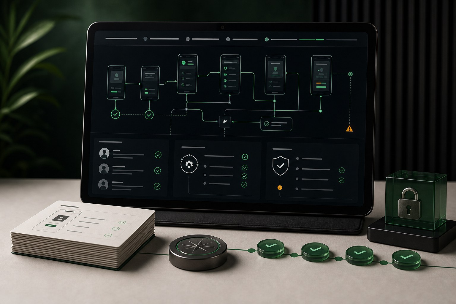 Mobile app scope cards and connected product flow map