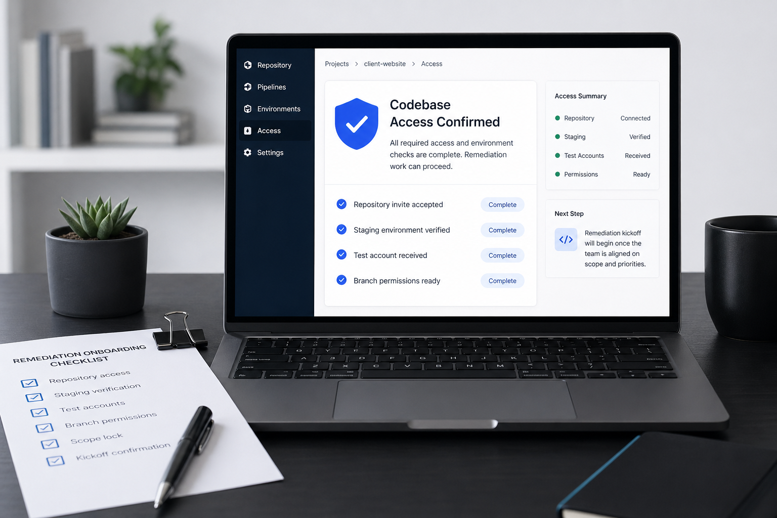 Codebase access confirmed dashboard with repository and staging checklist