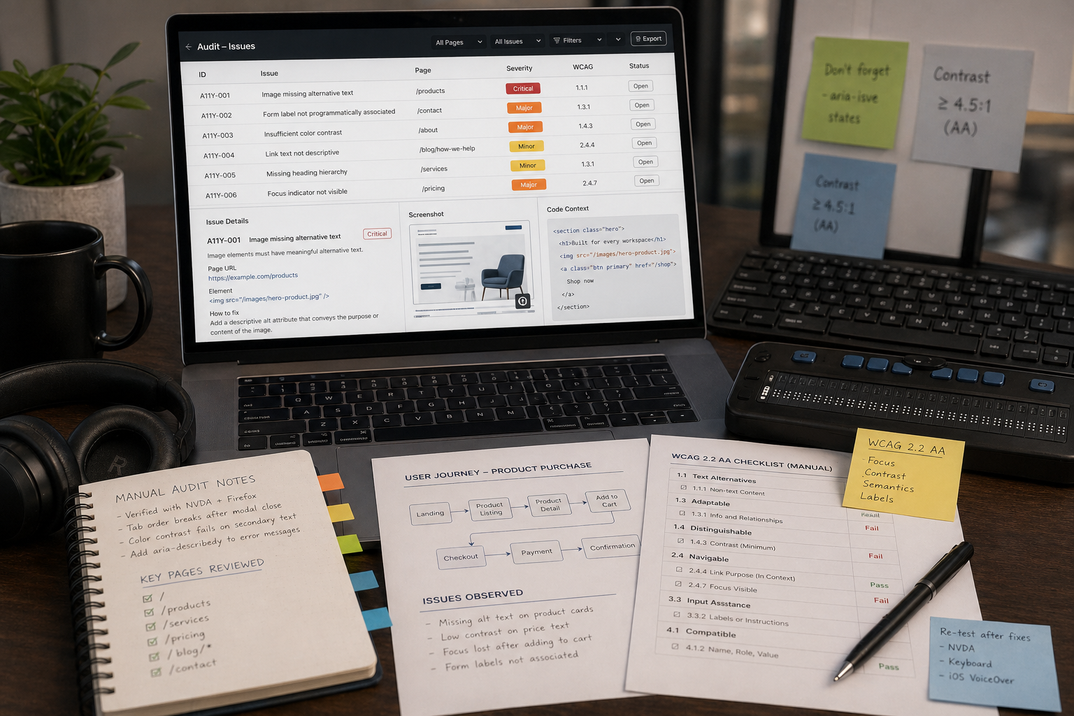 Accessibility audit issue log with screenshots severity and remediation notes
