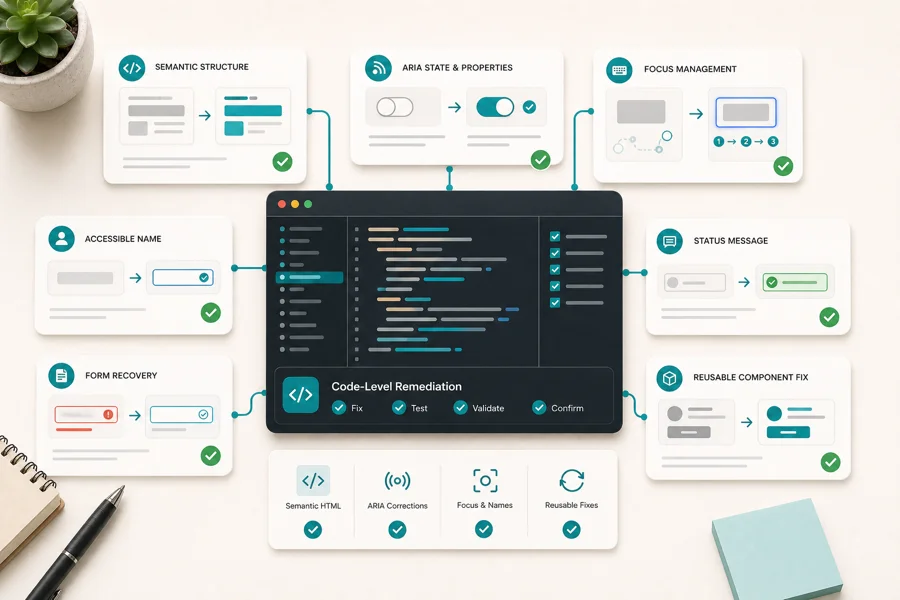 Code-level accessibility remediation board with semantic structure ARIA focus management form recovery status messaging and component fixes