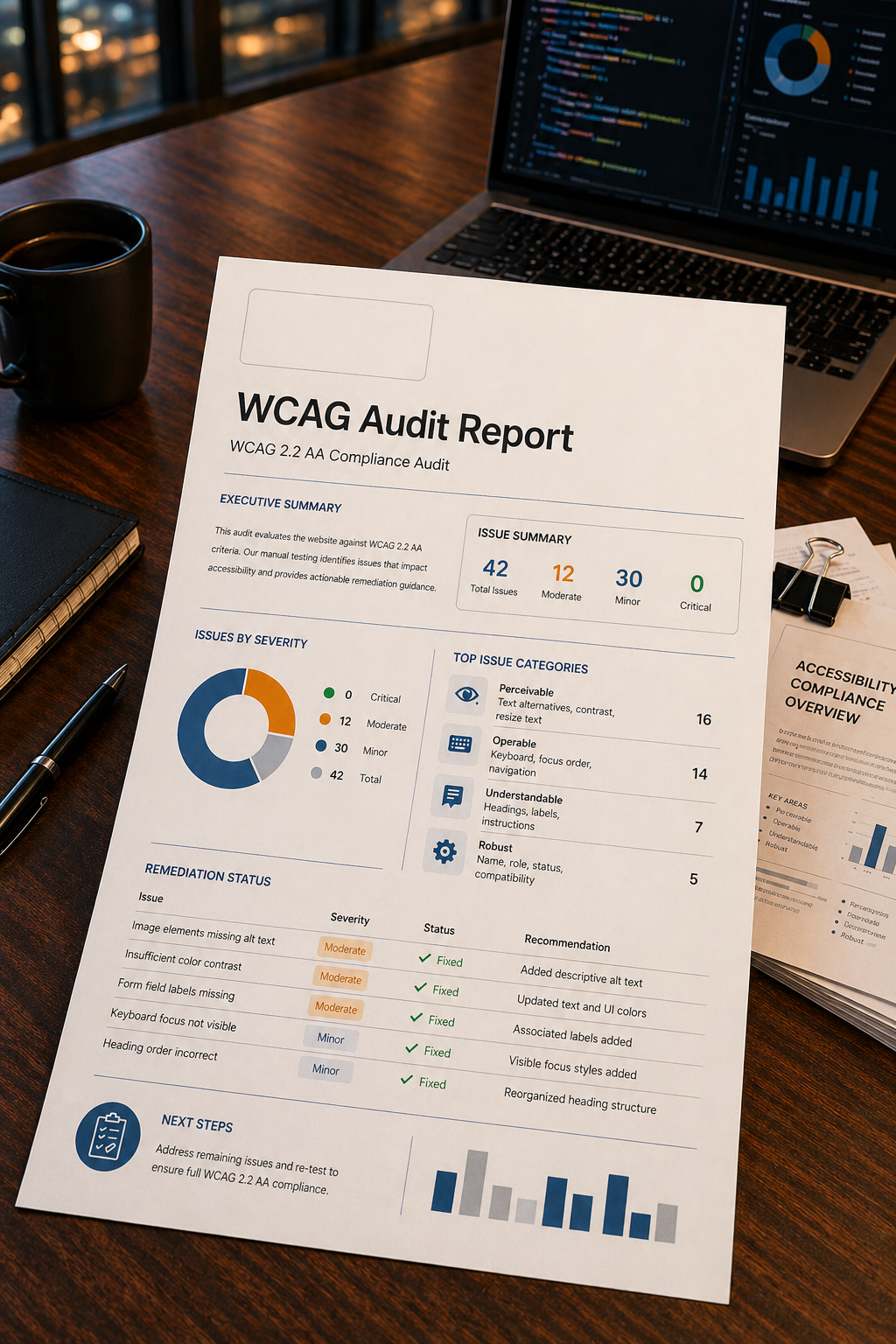 WCAG audit report document with issue summaries on a conference table