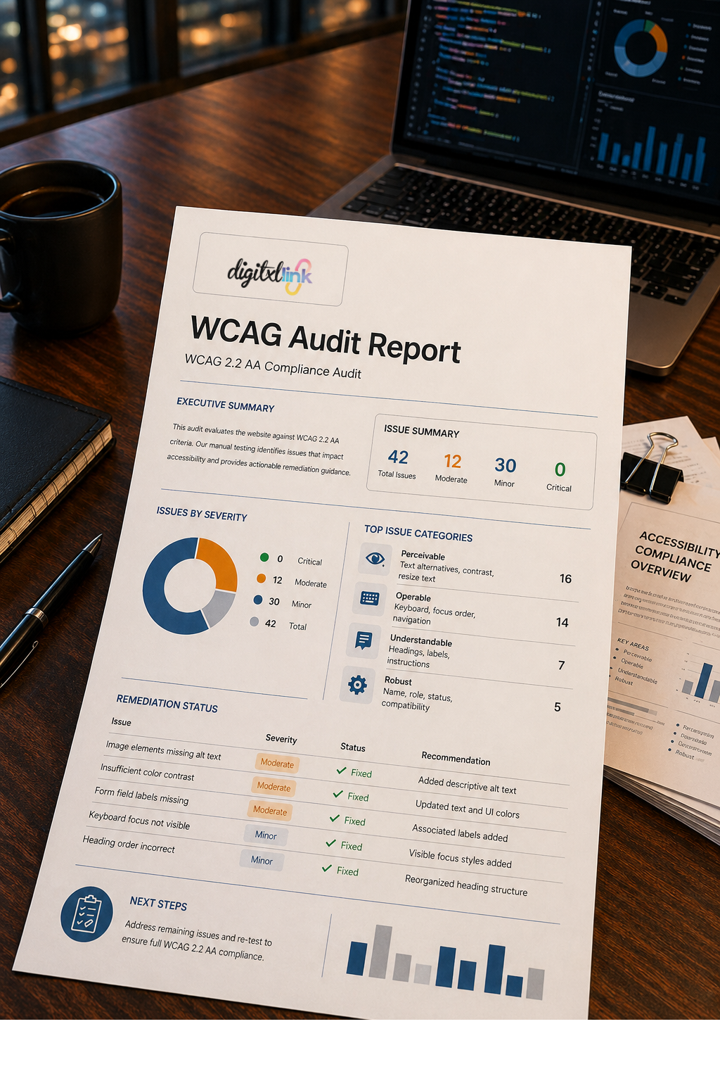 DigitxlLink WCAG audit report printed on a desk beside a laptop