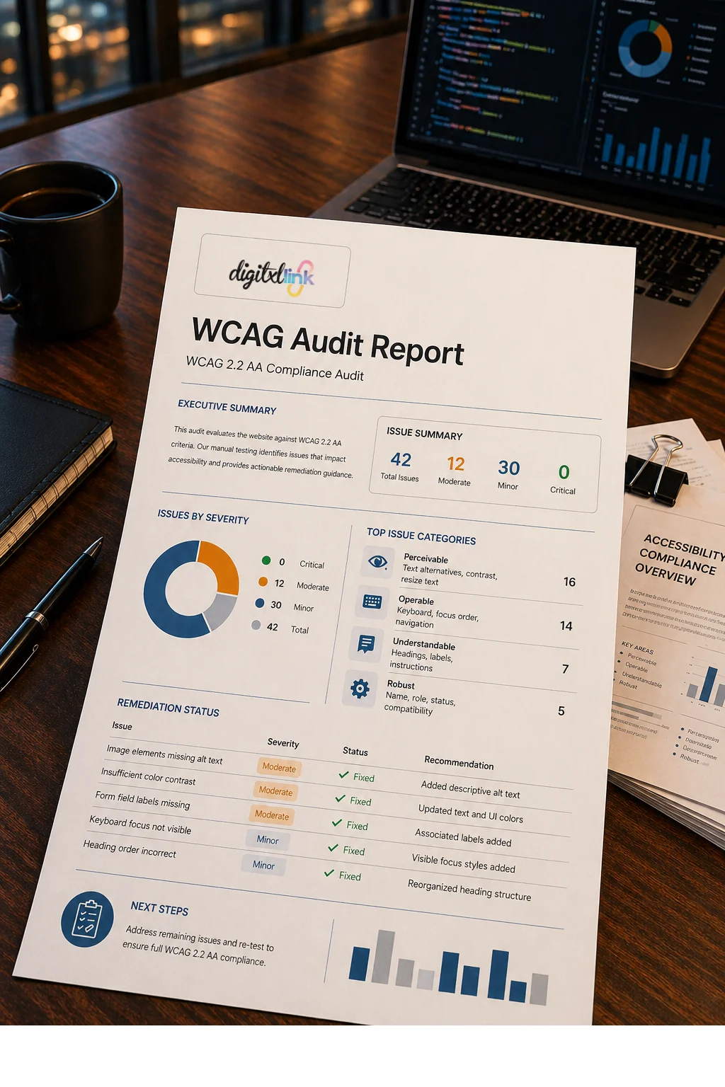 DigitxlLink WCAG audit report printed on a desk beside a laptop