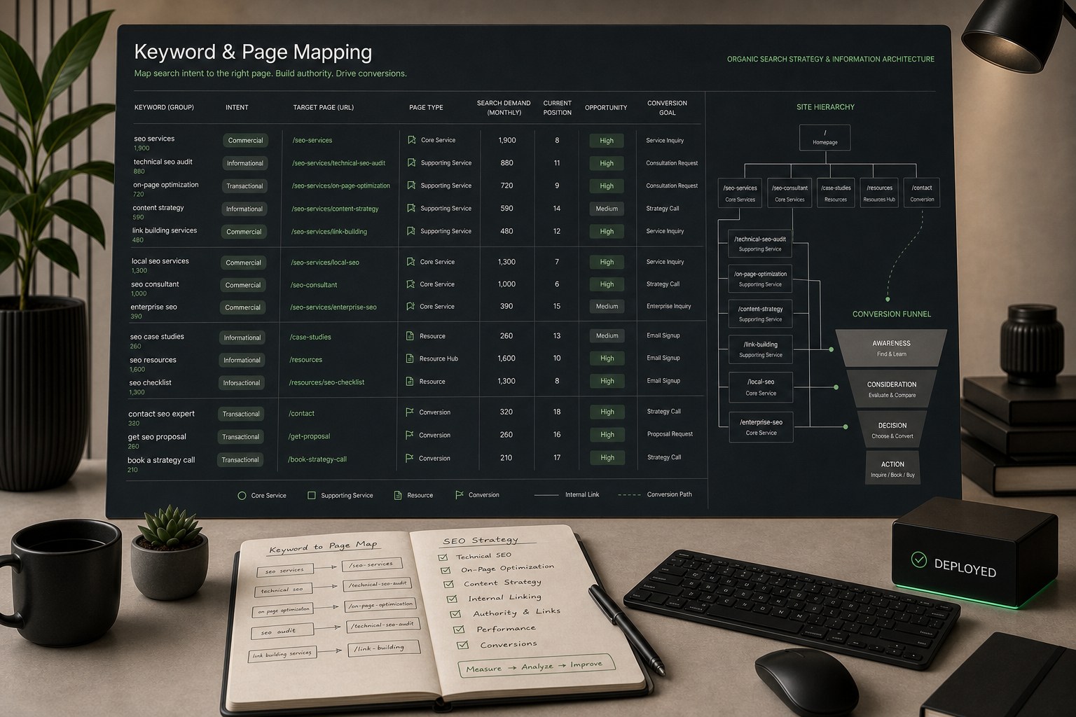 Keyword and page map connecting search intent, demand, opportunity, URLs, site hierarchy, and conversion goals