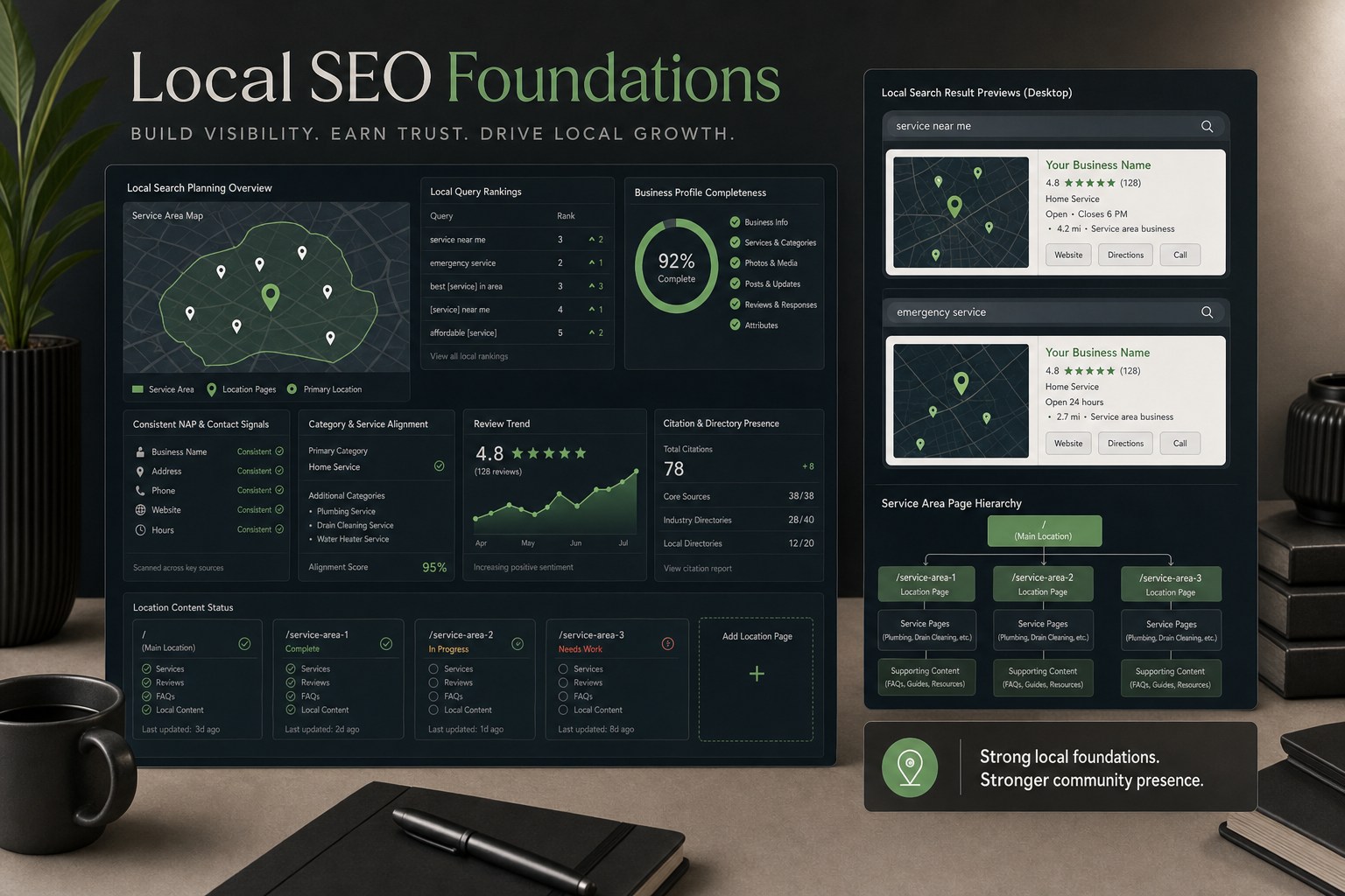 Local SEO dashboard with service areas, local rankings, business profile completeness, consistent contact signals, reviews, citations, and location pages