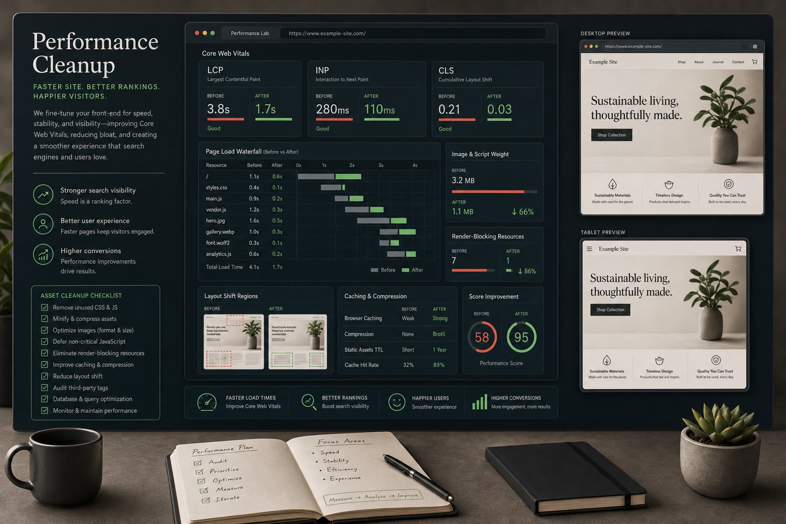 SEO performance cleanup with LCP, INP, CLS, load waterfall, asset weight, render blocking, caching, layout stability, and before-after scores