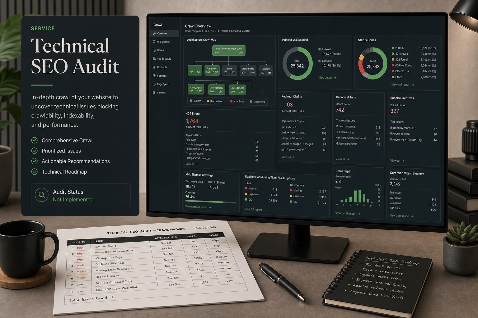 Technical SEO crawl audit with indexing, status codes, redirects, canonicals, robots directives, sitemap coverage, metadata gaps, and Core Web Vitals