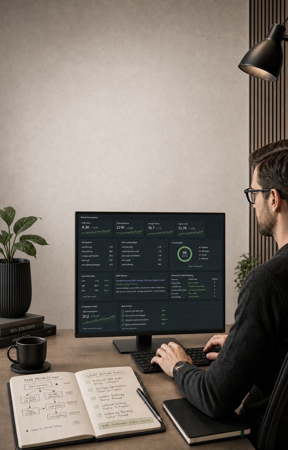 SEO strategist reviewing search performance, queries, landing pages, crawl health, SERP metadata, keyword mapping, Web Vitals, conversions, and prioritized actions on a normally proportioned horizontal monitor