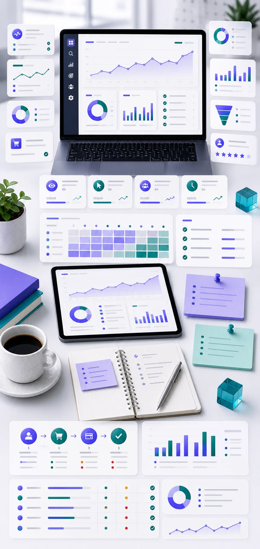 SEO reporting workspace with search visibility charts, conversion tracking cards, and monthly notes