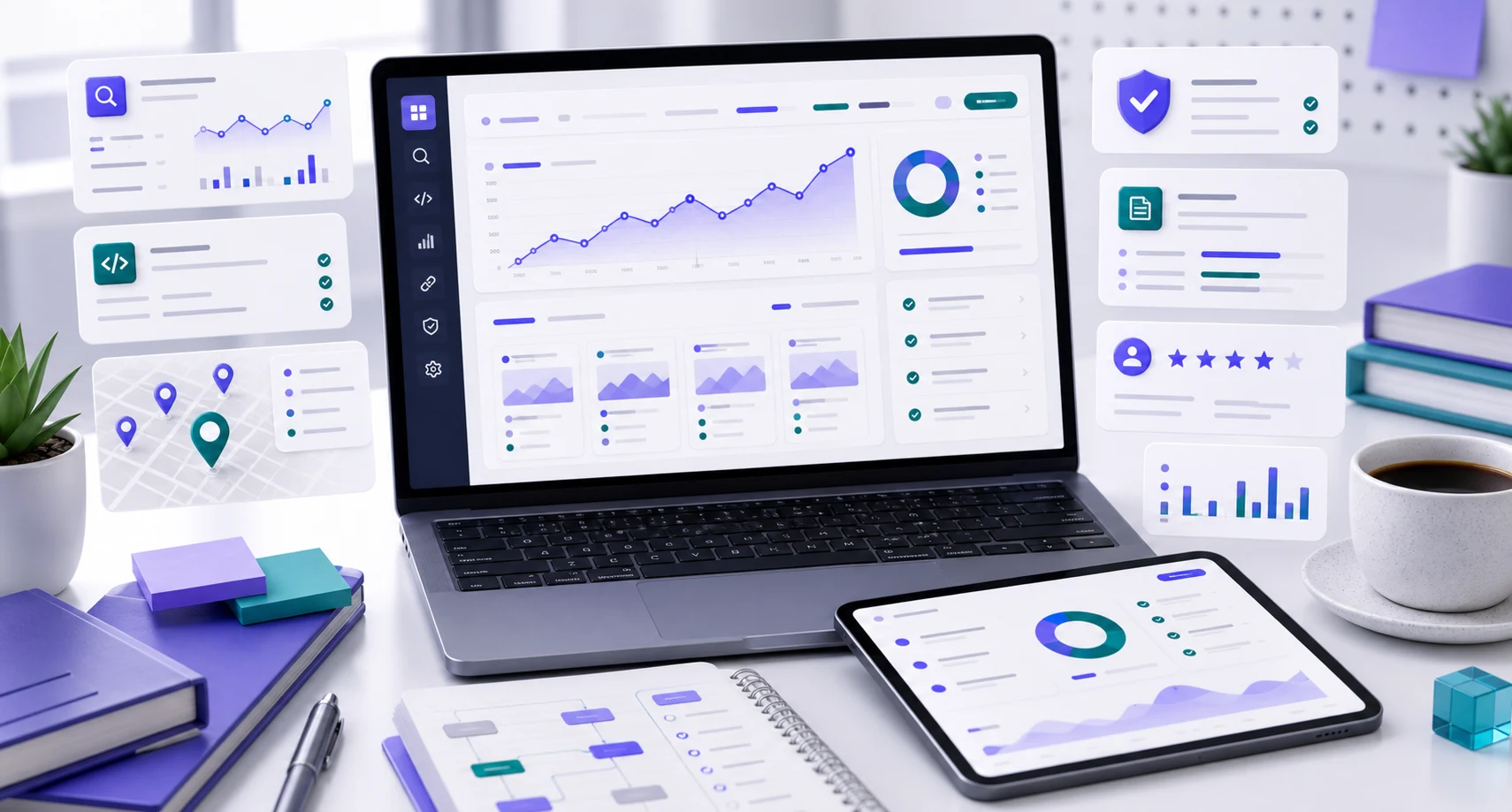 SEO planning workspace with website checks and performance notes