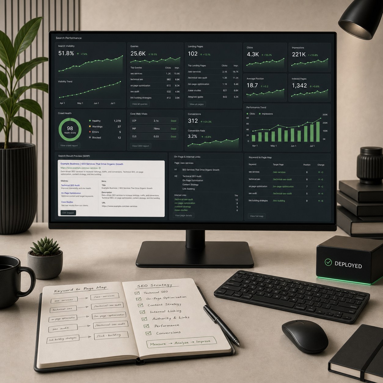 SEO improvement workspace with search visibility, queries, landing pages, crawl health, Core Web Vitals, SERP metadata, keyword mapping, and conversions
