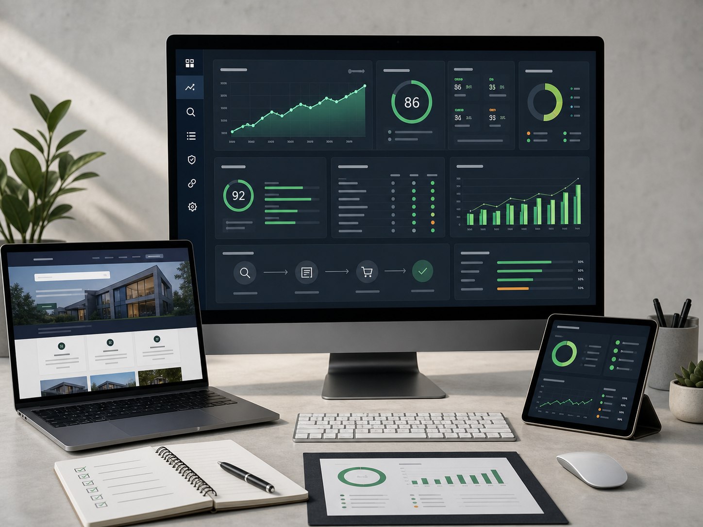 SEO analytics dashboard with metadata cards, search visibility charts, and conversion path markers