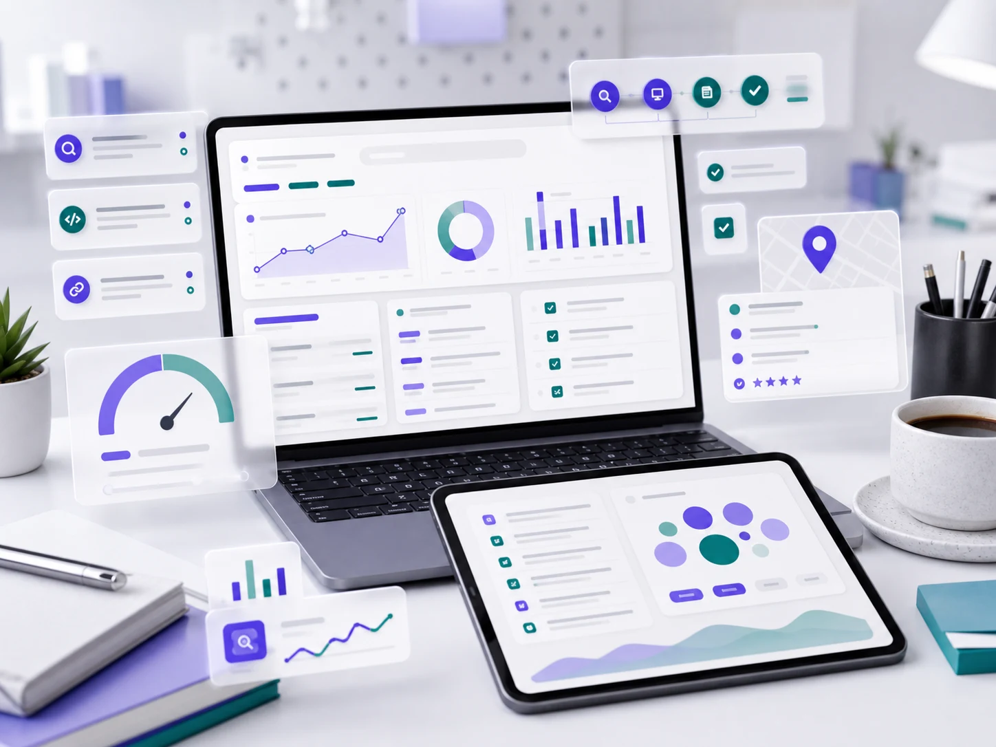 SEO analytics dashboard with metadata cards, search visibility charts, and conversion path markers