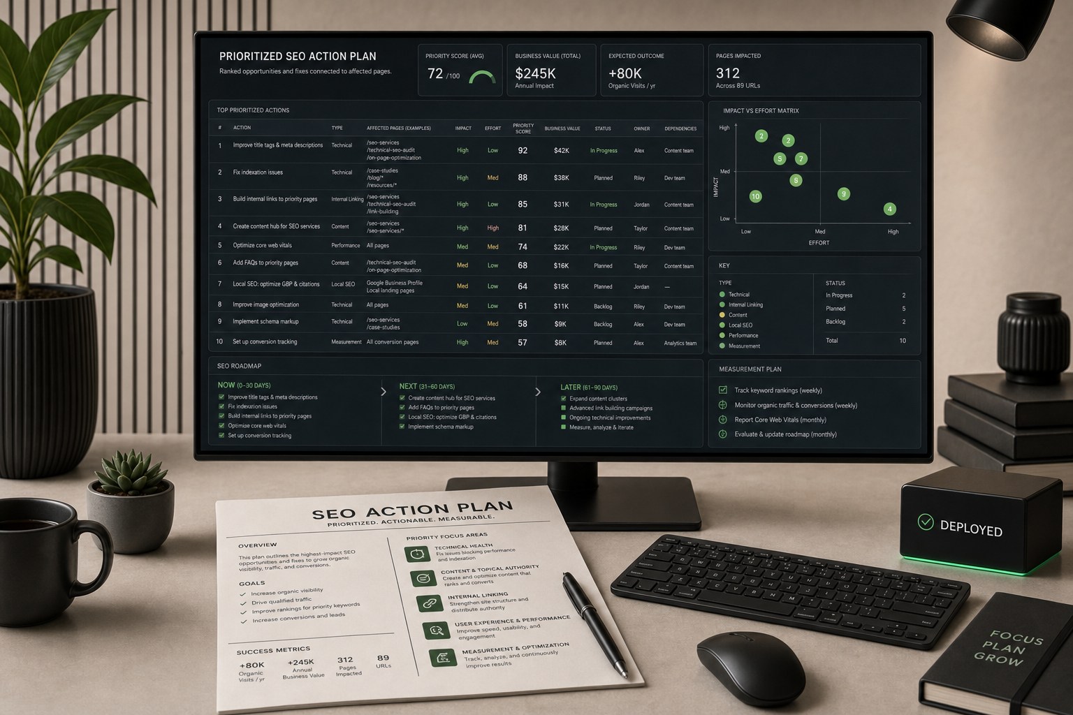 Prioritized SEO action plan with ranked page opportunities, impact and effort, business value, owners, dependencies, phased roadmap, and measurement plan