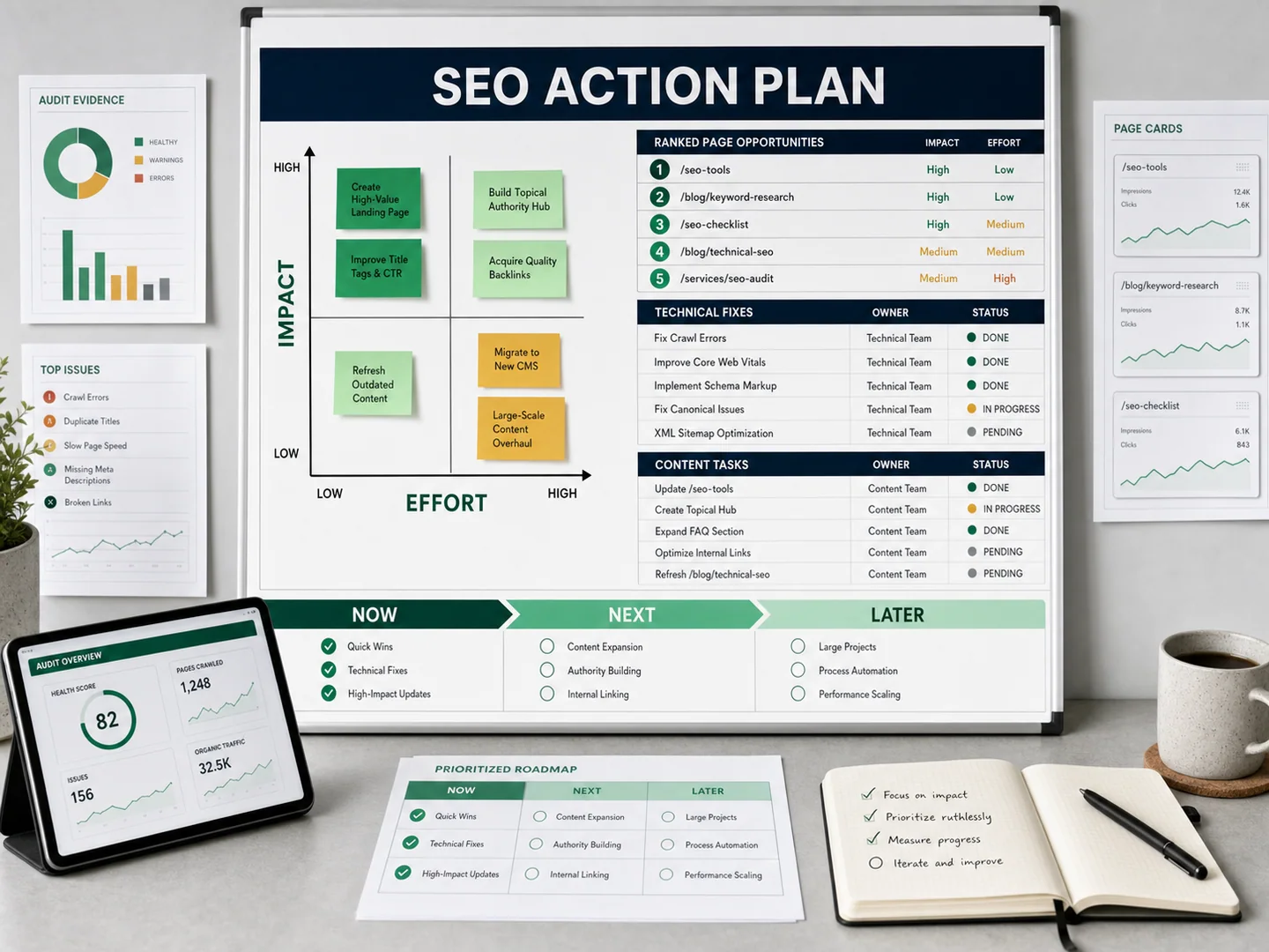 SEO action plan with an impact and effort matrix, ranked opportunities, owners, statuses, and phased roadmap